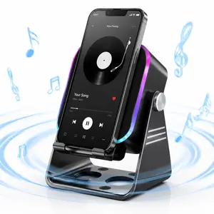 Bluetooth 5.0 Wireless Induction Speaker with Phone Bracket, RGB Color Cycle Lights, 3500mAh Recharge Battery & Personalized Wired Microphone, Portable Audio Amplifier Compatible with iPad Android Samsung iPhone Black holder tablet