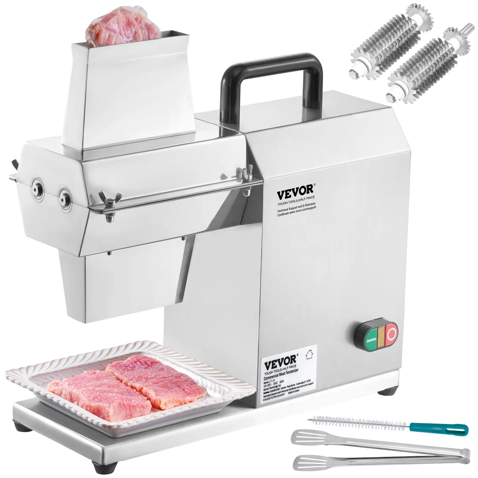 VEVOR Commercial Meat Tenderizer,  Heavy Duty Stainless Steel Kitchen Tool with Handle, Meat Tong, and Cleaning Brush, 450W Electric Meat Tenderizer Machine for Beef, Turkey, Chicken, Pork, and Fish