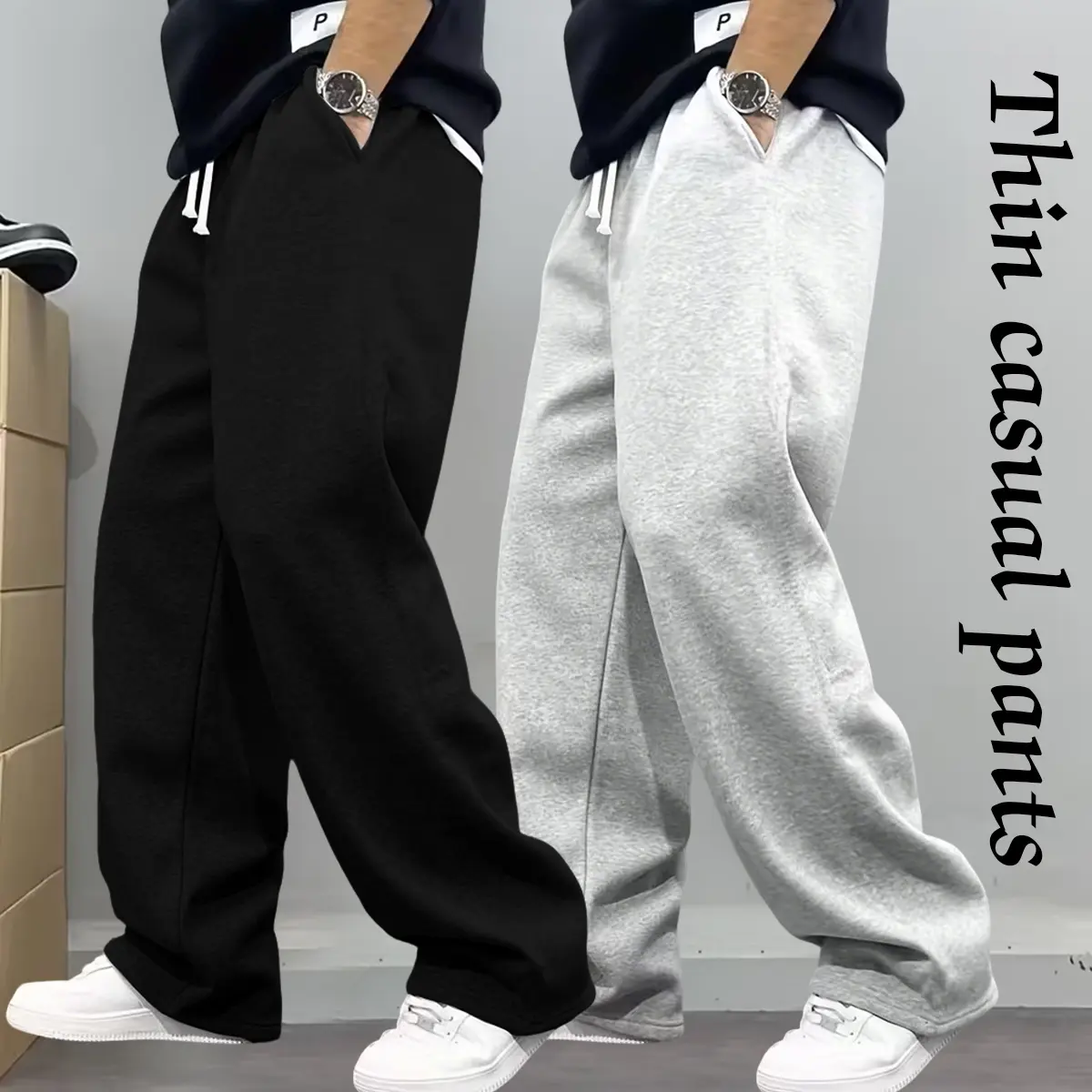 Men's Fitted Full-Length Grey Sweatpants - Activewear Clothing, Athletic Training Apparel, Drawstring Waistband, Side Pockets, All Seasons Casual Gym Fitness Bottoms