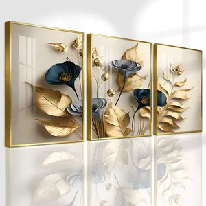 3 Count Aluminum Alloy Frame Canvas, Fashion Poster Blue And Gold Floral Art, Modern Living Room Decoration, Light Luxury Family Art, Suitable For Bedroom, Corridor And Office Wall Decor, Gift