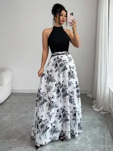 Women’s Floral Black-and-White Patchwork Sleeveless Crew-Neck Long Dress—An Elegant Summer A-Line Dress with A Cinched Waist That is Fashionable, Casual, and Comfortable; Suitable for Everyday Outings, Dates, and Parties; Ideal As A Mother’s Day Gift.