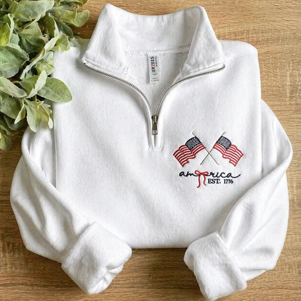Patriotic USA Embroidered Quarter Zip Sweatshirt, American Flag Pullover, America Est 1776 Crewneck, Independence Day Outfit, USA Pride Sweater, Unisex Gift