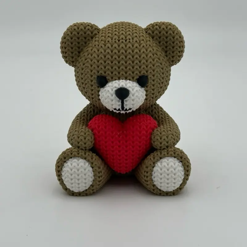 3D Printed Plastic Crochet-Style Teddy Bear, 4.1in Heart Detail, Rose Oil-Treated, Display Ready Valentine’s Day Anniversary Gift, Cute Home Decor Statue