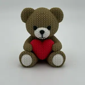 Crochet Style Teddy Bear with Heart – 4.1” 3D Printed plastic Bear – Valentine Gift – Cute Romantic Desk Decor Teddybear