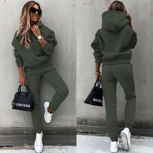 Fashion Long-Sleeved Sports Casual Sweatshirt Two-Piece Suit in Olive Green with Hood and Drawstring Waist Fit Womenswear Clothes Elegance