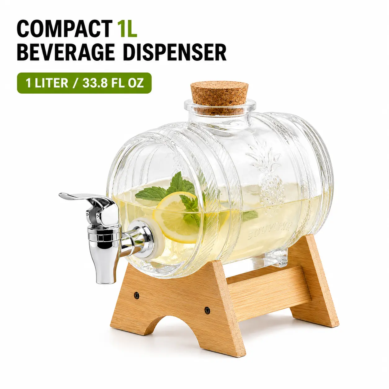 MIUVA Beverage Dispenser with Wooden Lid 1L Capacity, Convenient Tap, Wine Barrel Design for Beverages, Juices, and Alcohol, Airtight Storage Bucket Glass Jug | Deals For You Mid Year Sale