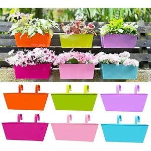 Rail Planter for Outdoor Plants (6 Pack, 12 Inch) Colorful Metal Rectangle Railing Hanging Planters Flower Pots, Deck Fence Bucket Strawberry Window Box Plant Holder with Hooks Outdoor Decor