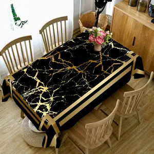 1 piece 2D flat printed tablecloth, black background, gold border, gold crack pattern, washable, suitable for kitchen, dining table, restaurant decoration