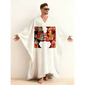 Abstract Floral Art Print Men's Gay Pride Flannel V-Neck Long Robe Kaftan, LGBTQ+ Inclusive Brushed Cotton Open Front Loungewear, Soft Long Sleeve Hoodless Bathrobe for Comfort & Expression, Supportive Gift for Men