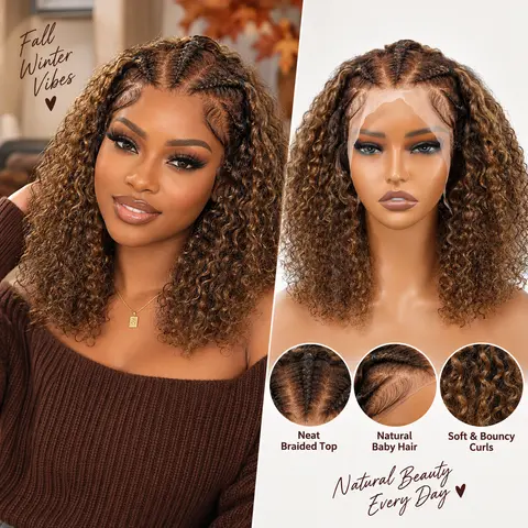 Supernova #P4/27 Highlight Human Hair Curly Short Bob Braided Wigs Lace Frontal Knotless 16" #SohoChic #TikTokShopStockUp #DealsForYouDays Bob Style Wig Glueless Lace Wigs