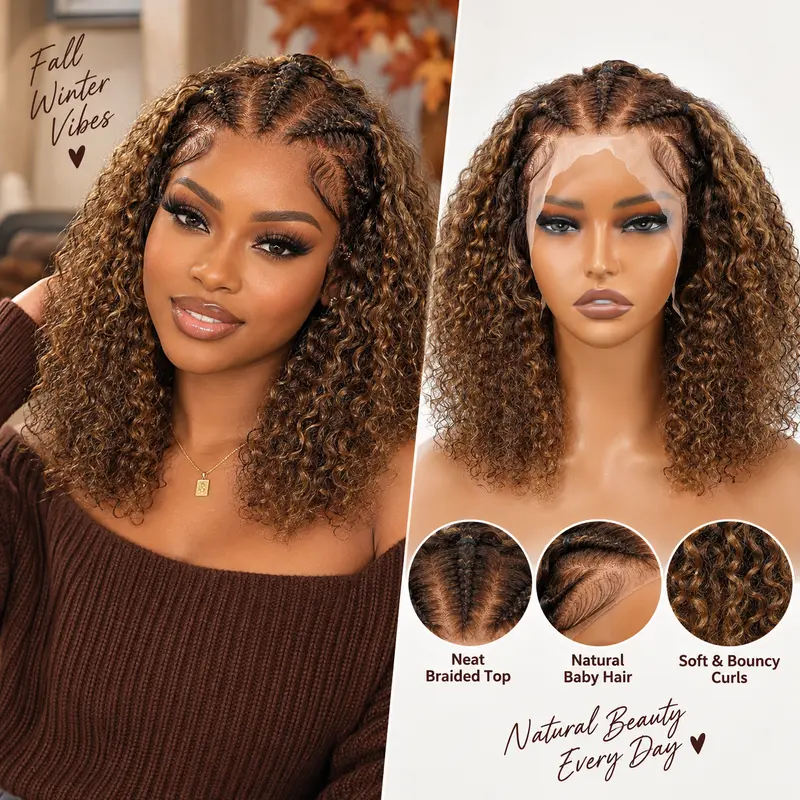 Supernova #P4/27 Highlight Human Hair Curly Short Bob Braided Wigs Lace Frontal Knotless 16" #SohoChic #TikTokShopStockUp #DealsForYouDays Bob Style Wig Glueless Lace Wigs