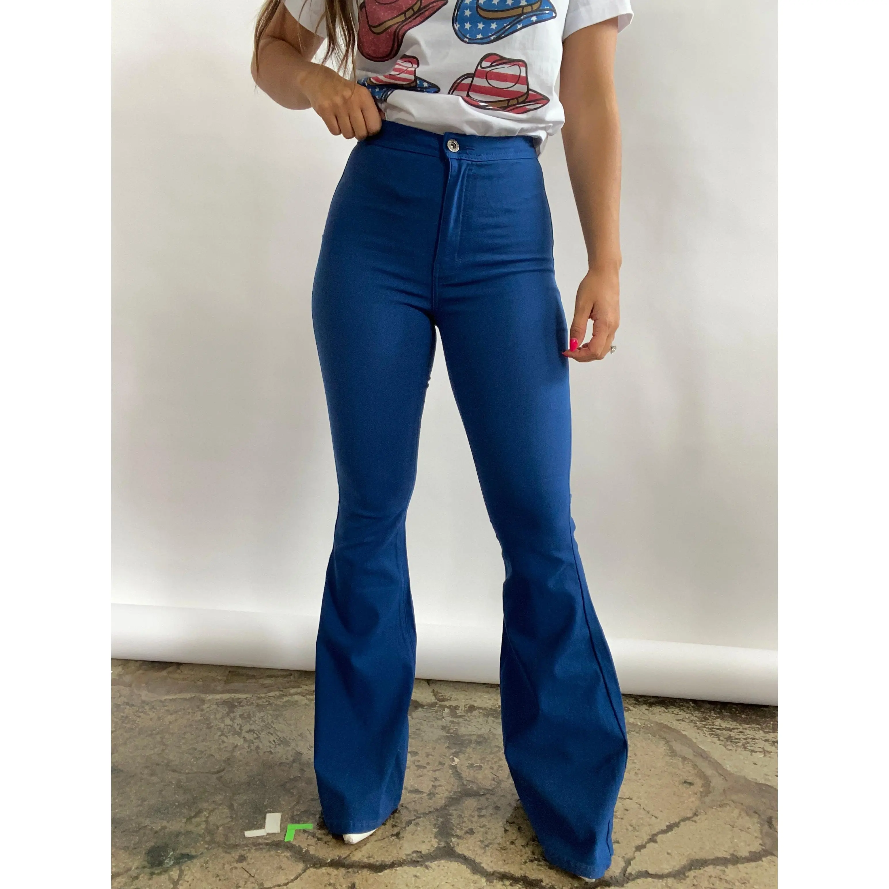 Fiona High Waisted Bell Bottom Flare Jeans - Mykonos Blue