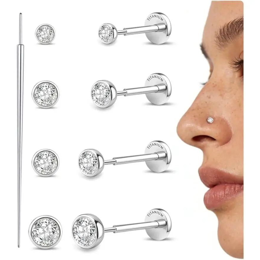 Unisex 4-Pair 20G Titanium Flat Back Earrings Set - Hypoallergenic Cubic Zirconia Studs (6mm,8mm) for First Hole, 1 Piercing Taper, Female Lead-Free Metal Body Jewelry for Cartilage Helix, No Skin Discoloration