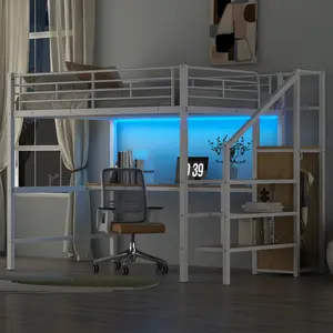 Full Size Metal Loft Bed with Desk, Storage Staircase, Small Wardrobe and LED Light, White