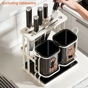 Carbon Steel Kitchen Utensil Rack with 2 Buckets, Wall-Mounted & Countertop Storage, Detachable Tray, Cute Cat Design, Durable