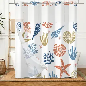 No Hook Nautical Shower with Snap in Liner Set Ocean Themed Seashell Beach Shower Curtains Waterproof Curtains 71Wx74H