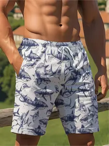 Light-bottomed Navy Blue Shark Print Shorts with Drawstring Design, Full of Ocean Fun