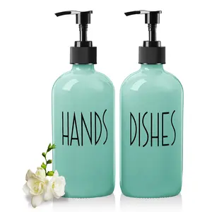 2 Pack Turquoise Dish Hand Soap Dispenser, 16 OZ Glass Soap Dispenser with Pump for Kitchen, Turquoise Kitchen Accessories, Modern Teal Bathroom Decor