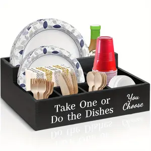 Wooden Flatware Organizer with Tension Mount - Lightweight Disposable Cup and Plate Holder for Weddings, Parties, BBQs - Durable Kitchen Countertop Utensil Caddy with 6 Compartments Cutlery Tableware Black Dinnerware Spoons