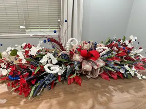 Patriotic arrangement, Fourth of July garland centerpiece with blue lavender, mantle table decor, Red white and blue wall hanging swag