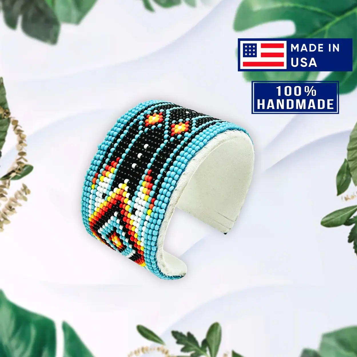 Cyan Blue Diamond Beaded Bracelet – Handmade Tribal Cuff Jewelry