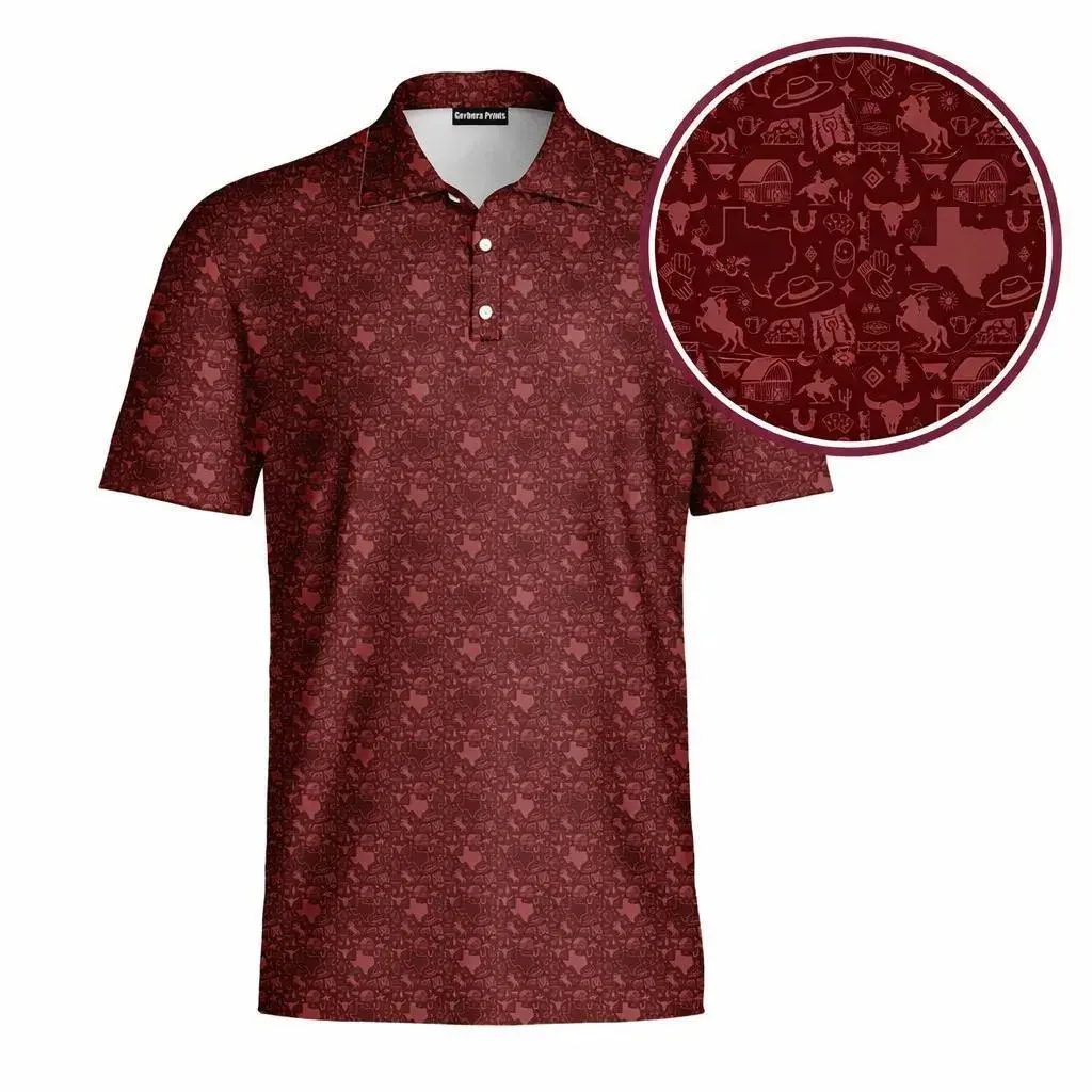 Men’s Maroon Red Western Performance Golf Polo Shirt Lightweight Short Sleeve Sport Outfit