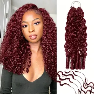 Bling Hair Burgundy Red Burmese Curly Crochet Hair Deep Wave Kinky Curly Pre-looped Separated Feather Crochet Braids Premium Human Hair Extensions for Black Women (5 Packs)
