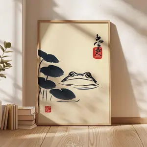 [SALE UP TO 50% + FREE SHIP]  Japanese Frog Poster, Lotus Pond Wall Art, Vintage Ukiyo-e Frog Print, Zen Nature Illustration, Traditional Japanese Decor