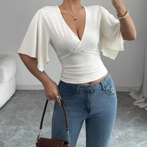 Casual Vacation Ruffle Asymmetrical Short Sleeve Cream Yellow Women Crop Top Fit Shirts Womenswear Blouse Wrap Fabric