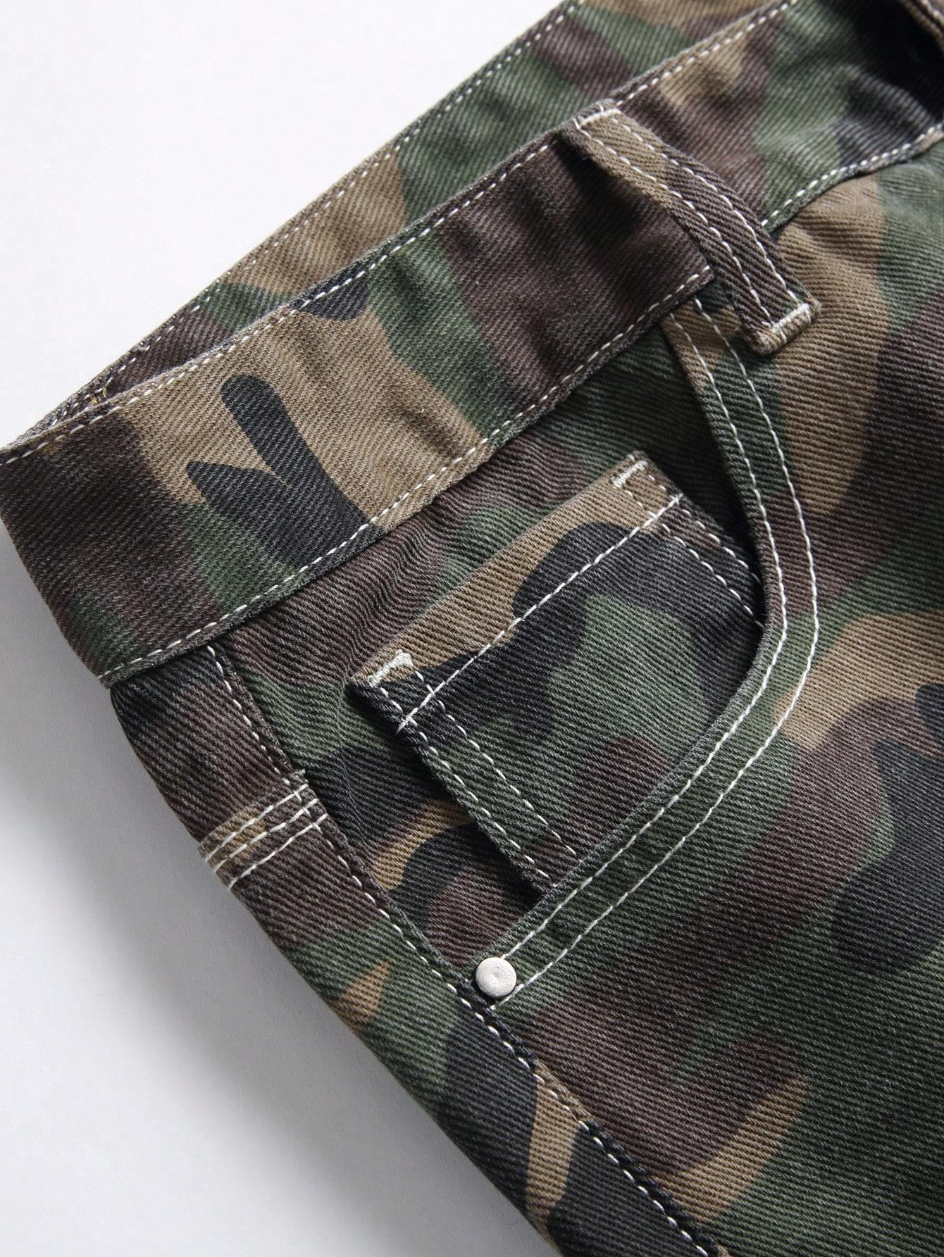 2 Pieces Men's Jeans Black & Camouflage Pattern Fashion Denim Pants Y2k Streetwear Ripped Casual Trouser Pocket Menswear