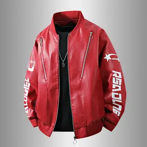 Tide brand motorcycle style PU leather jacket star letter print baseball collar loose coat
