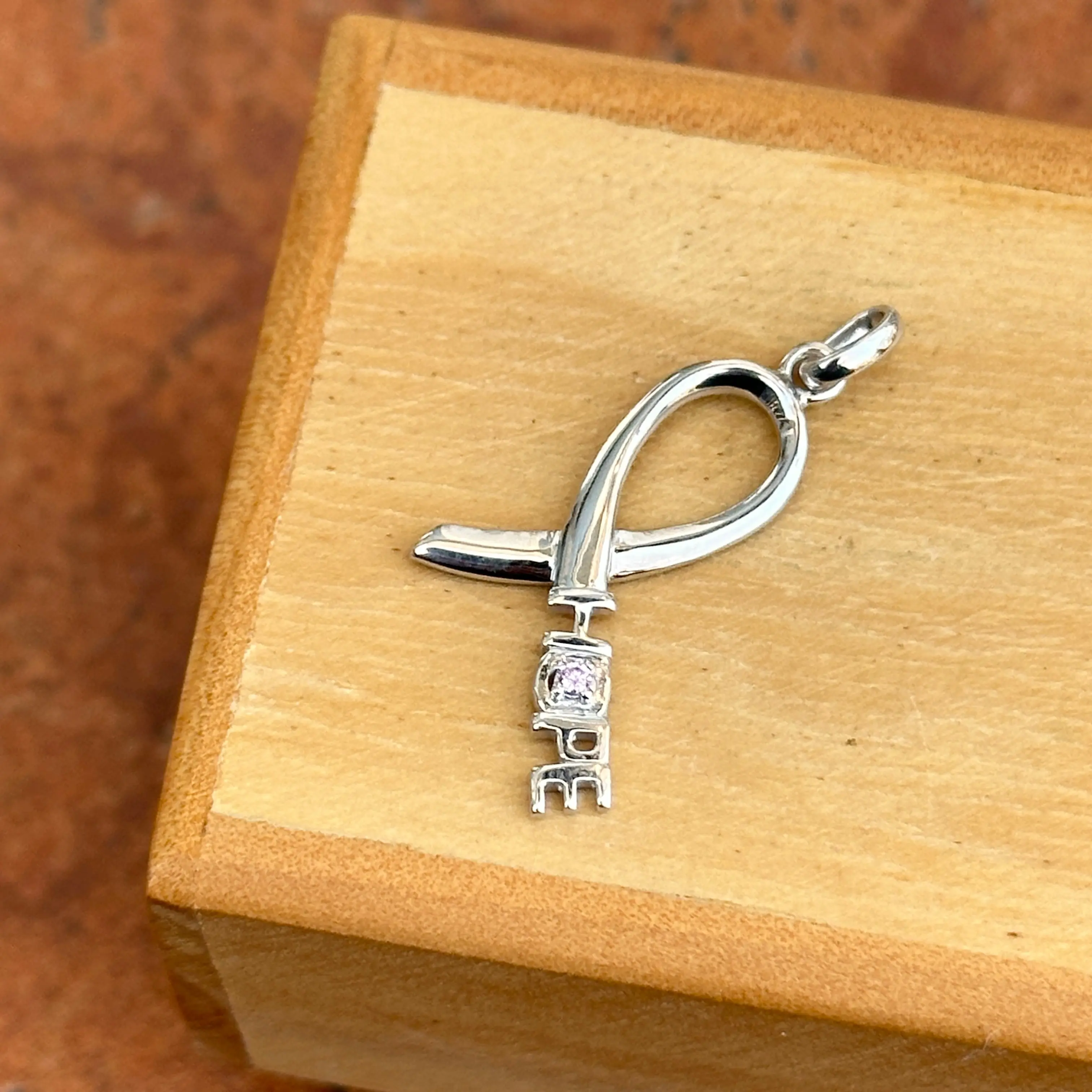 Sterling Silver Rhodium-plated Pink CZ Hope Awareness Ribbon Pendant Charm