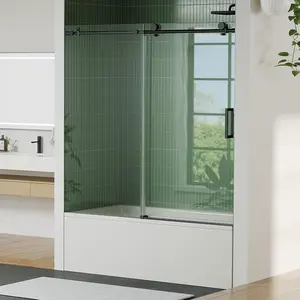 Tub Shower Door 56-60 inch W x 59 inch H, Sliding Bathtub Shower Door with Round Stainless Steel Rail, 8mm Tempered Glass Tub Door, Matte Black