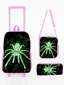 17-inch Trolley Backpack Three-piece Set with Pink Spider Pattern Print (Single-layer Trolley Backpack + Shoulder Strap Lunch Bag + Single-layer Pencil Case)