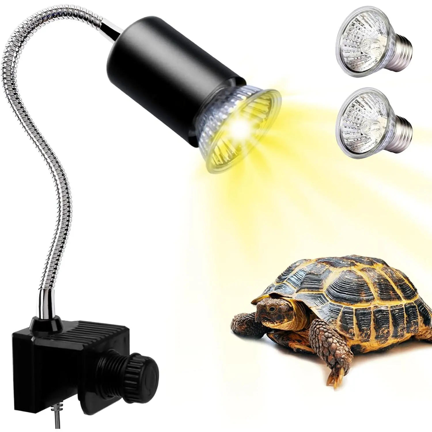 Reptile Heat Lamp, UVA-UVB Light with 2x50W Halogen Yellow Bulbs, 360° Swivel Clamp Stand for Turtle Tank, Tortoise, Chameleon, Halogen Bulbs, Frog, Yellow Light, Lizard, 2 * 50W Basking Bulb, Aquarium Turtle Tank