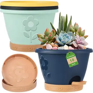 Plastic  Pots 10 Inch Set of 4, Self Watering Pots with Drainage Holes,  & Reservoir, Flower Pots for Indoor/Outdoor , Decorative  Planting Pots (Multicolor)