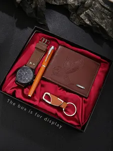 Men's Stylish Watch Set with Multifunctional Timer, Eagle Embossed Wallet, Smooth Signature Pen, Practical Keychain, Unique Charm Accessories
