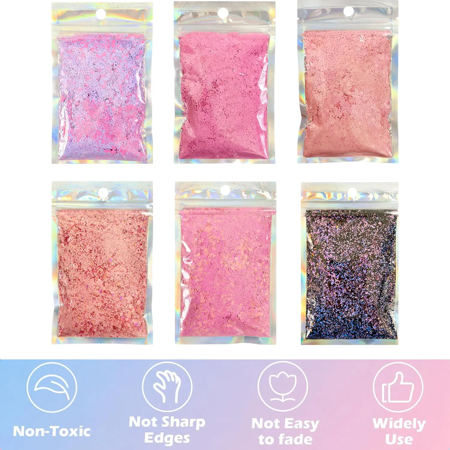 Vibrant 6 colors holographic block glitter, 29g per bag of craft glitter, 3D holographic nail glitter ultra-thin glitter shape nail glitter art decoration, face, body, nail stickers and DIY crafts