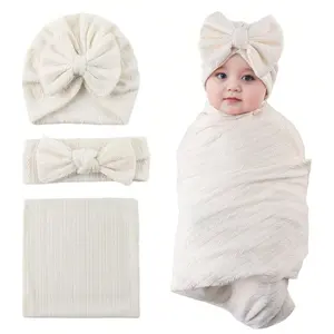 Baby Blanket Set 0-6 Months, Winter Newborn Baby Wrap Blanket, Wheat Pattern Jacquard, Butterfly Knot Headband Hat, 3 Piece Set