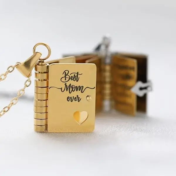 Stainless Steel Book Locket Necklace for Women, Engraved Long Chain Jewelry for Mom, Daily Memorial Gift for Christmas, Thanksgiving, Birthday, Female