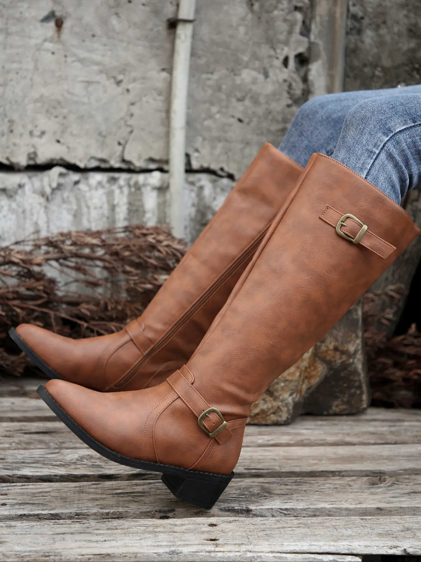 Women's Faux Leather Knee-High Boots, Western Cowgirl Boots, Side Zipper & Chunky Heel, Fall Winter Plus Size Shoes, Stylish and Comfortable, Thick Heeled Boots, Rodeo Western Boots