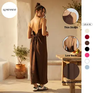 LUMENNEST Women's Breezy Solid Color Thin Strap Ruched Low Back Loose Maxi Dress, Elegant Adjustable Tie Backless Dress, Summer Sleeveless Women's Clothing for Beach