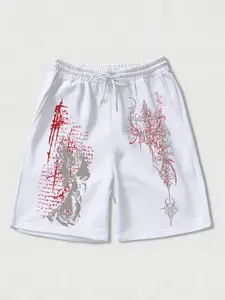 Unisex Gothic Angel & Cross Graphic Shorts Viral CleanFit DarkStreet Y2K Aesthetic Premium Polyester Blend Bold Red & White Print Adjustable Drawstring Relaxed Fit Edgy Streetwear OOTD Athletic Wear Shorts