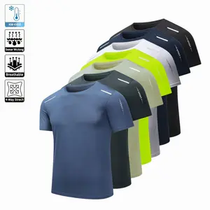 Men’s casual athletic print T-shirt with reflective stripes, breathable quick-dry short-sleeve crew neck top, running shirt, moisture-wicking T-shirt for wet/dry use, gym training short-sleeve shirt