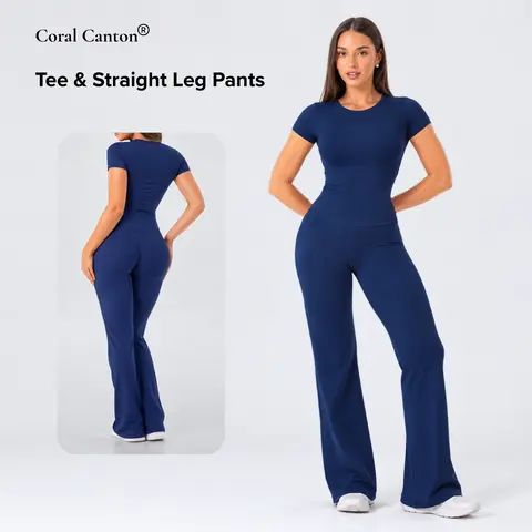 Coral Canton Women's 2-Piece Solid Athleisure Loungewear Set - Short Sleeve T-Shirt, Straight-Leg Lounge Trousers for Casual Sporty Vibe, Female Sports Clothing Sets for Women 2 Piece