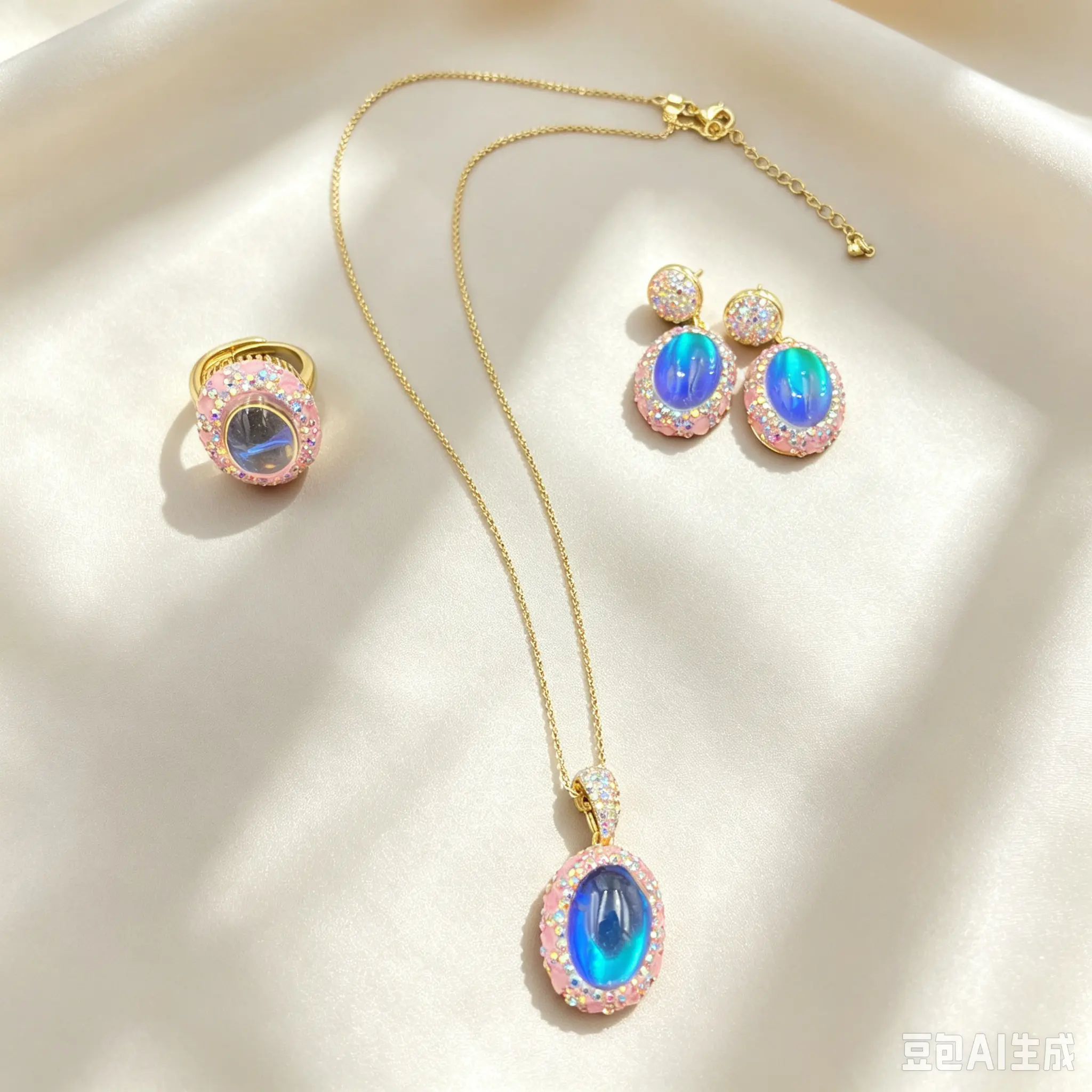 New Iridescent Opal Crystal 3‑Piece Jewelry Set, Vintage Necklace Kit, Niche Elegant Fashion Ornaments for Women
