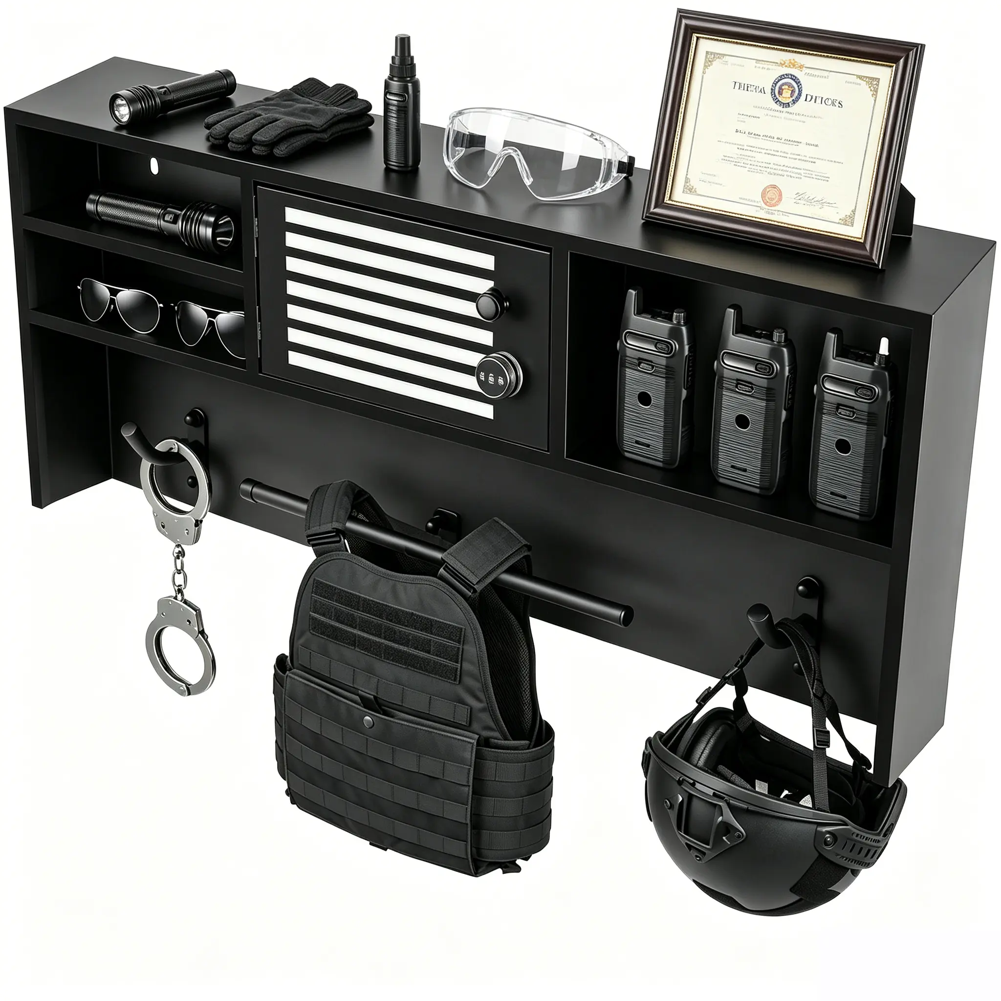 Wall‑Mounted Lockable Storage Organizer, 35.5×14.5×3.9 Inches, Wall‑Mount Police Gear Rack, Ideal for Home, Kitchen, Bar and Police Department, Features Shelves, Hooks and Secure Compartment
