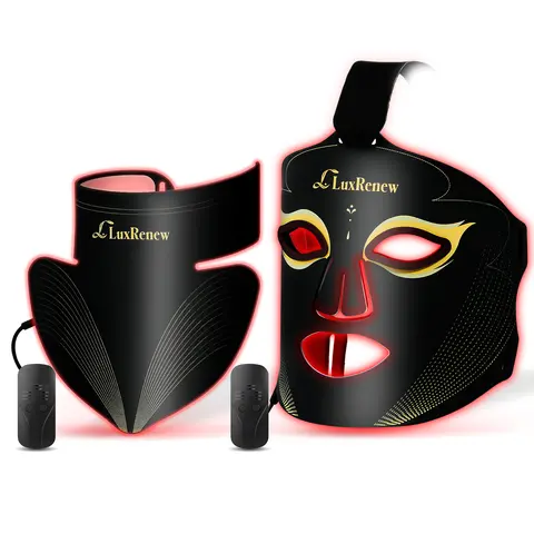 LuxRenew 2-in-1 Facial Red Light Therapy Mask Set for Face & Neck - 630nm Red, 850nm Near-Infrared, 5 Adjustable Gears, Lightweight, Safe, Rechargeable Battery, Charging Cable, Portable Home & Travel Use