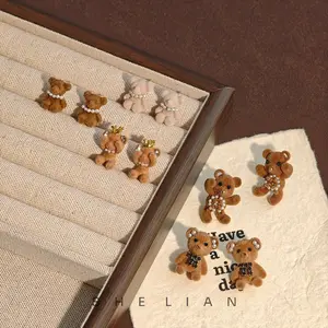 Flocked Teddy Bear Stud Earrings with Pearl Details
