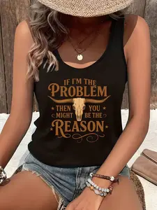 Plus Size, Women's Plus Size Oversized Sleeveless Graphic T-Shirt - If I'm The Problem Then You Might Be The Reason Slogan & Cow Skull Print - Soft PolyesterElastane Blend, Round Neck Casual Summer Top, Machine Washable Statement Tee